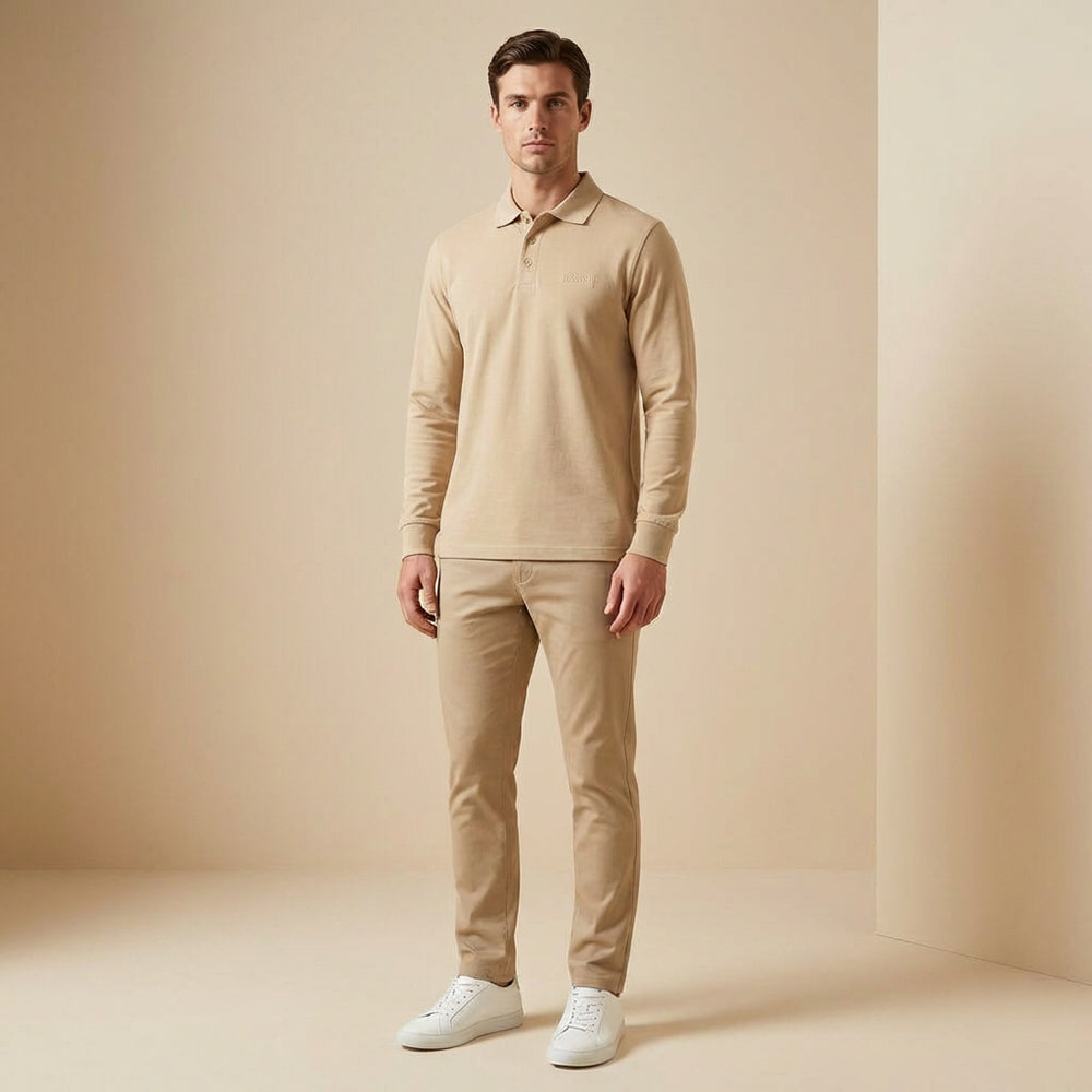 Polo Manches Longues Beige Homme Style Décontracté