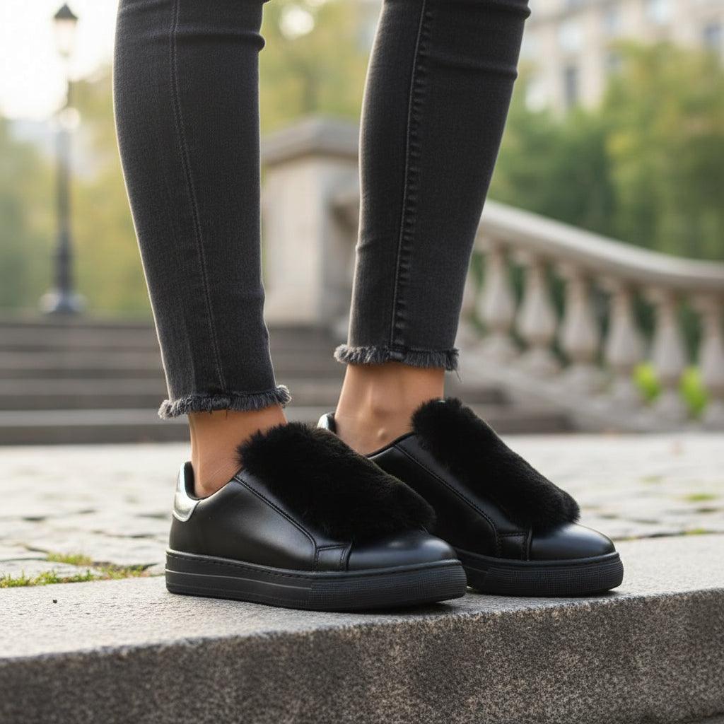 André Baskets Noires Fourrure Élégantes Femme