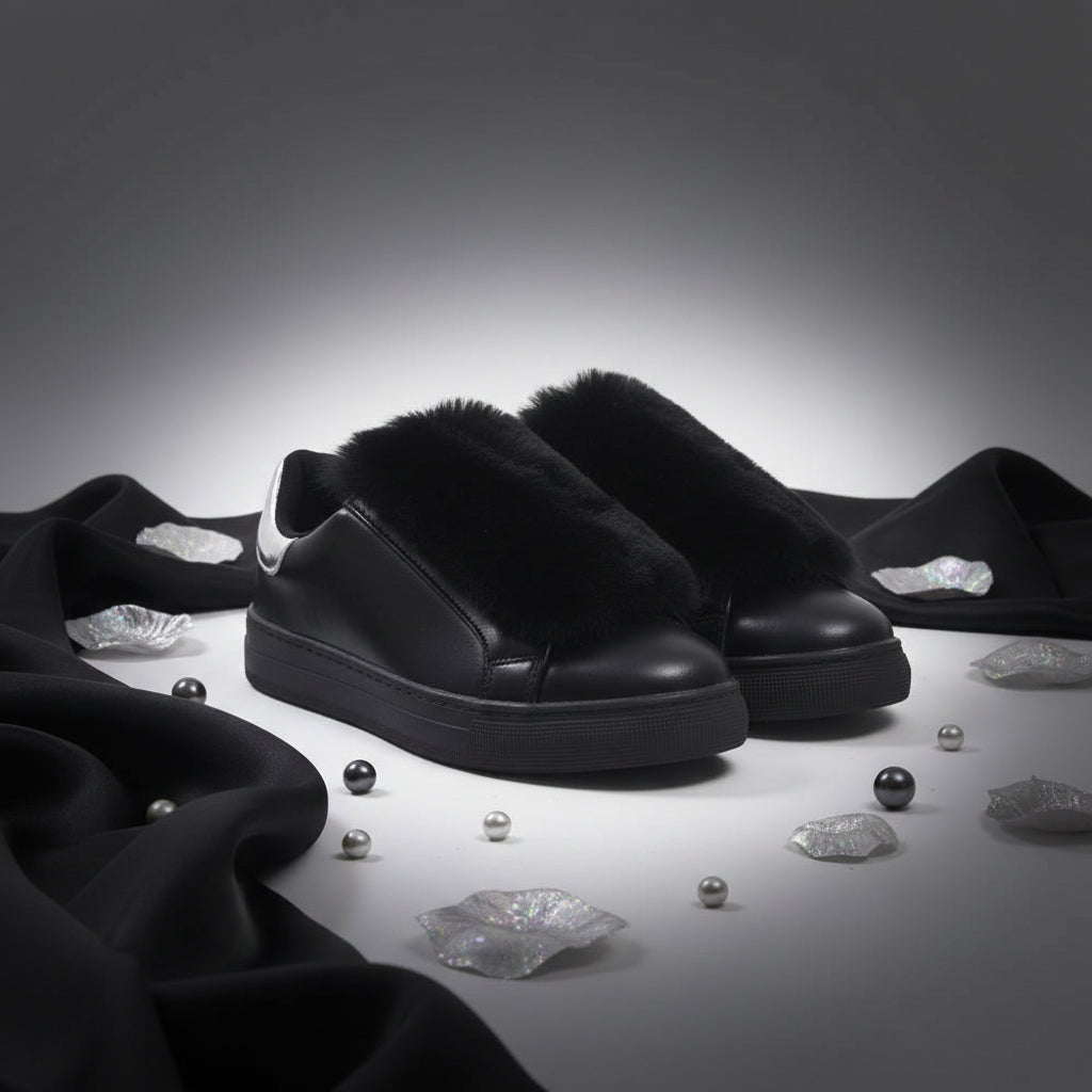André Baskets Noires Fourrure Élégantes Femme