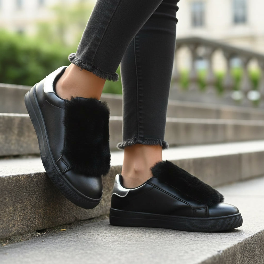 André Baskets Noires Fourrure Élégantes Femme
