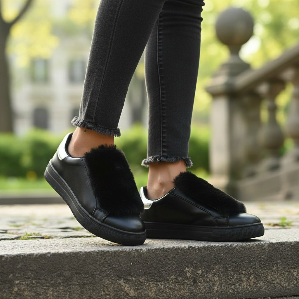 André Baskets Noires Fourrure Élégantes Femme
